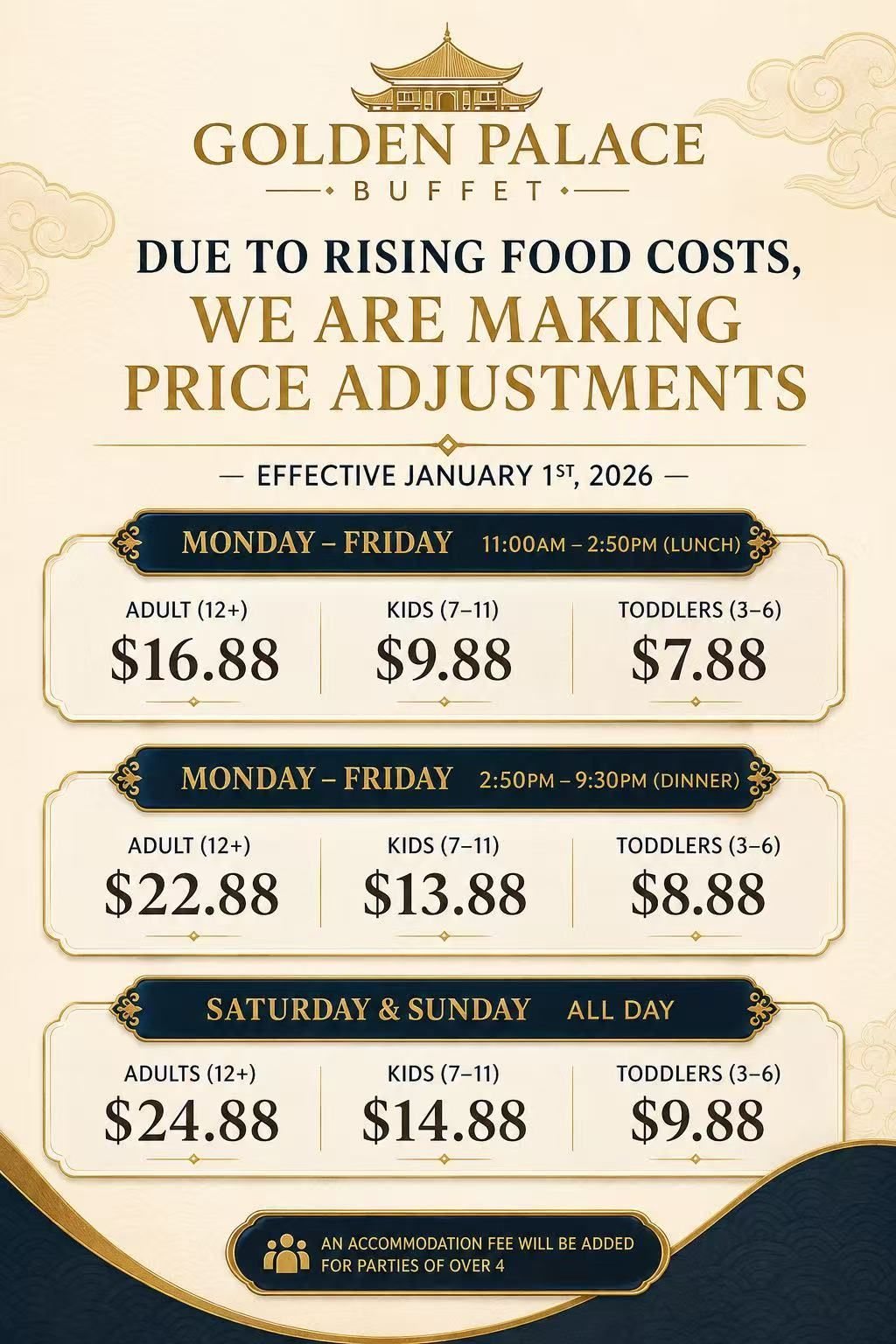 Golden Palace Buffet price sheet, effective January 1, 2026