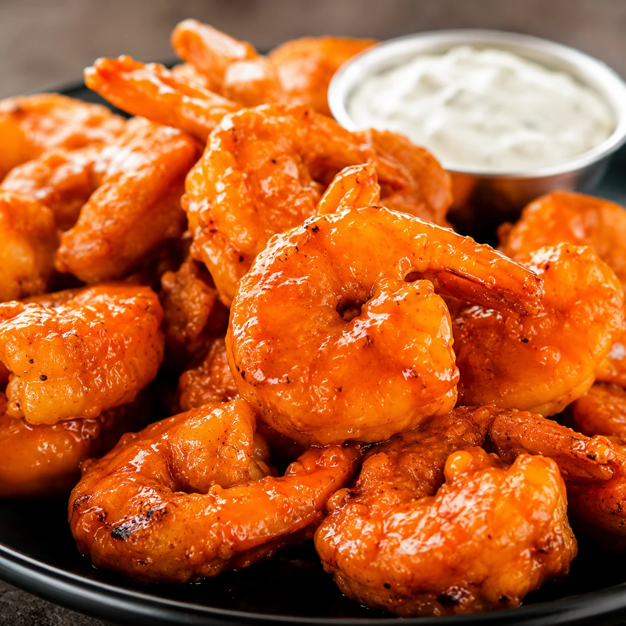 Cajun Buffalo shrimp coated in a bright, rich sauce