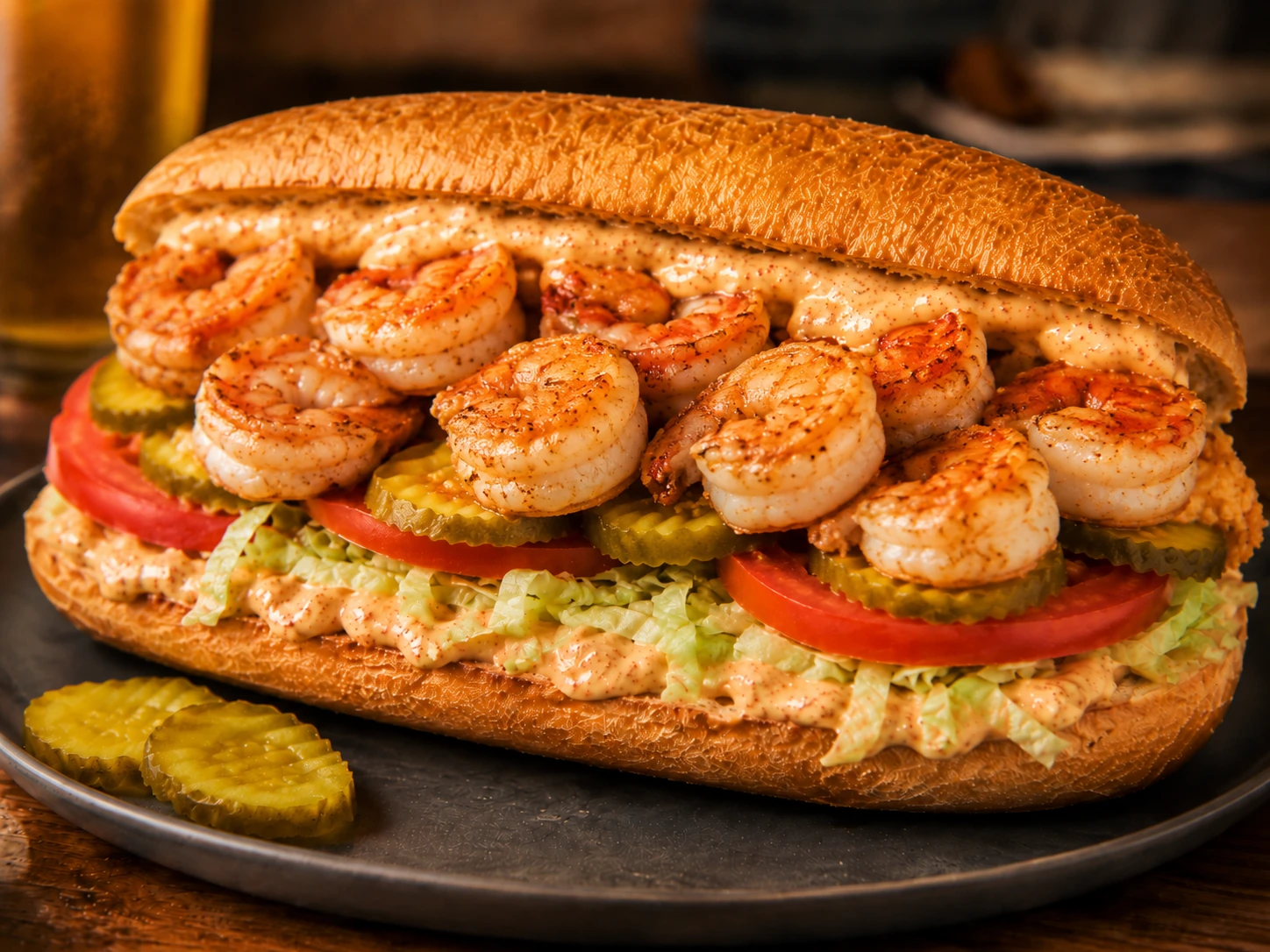 Garlic shrimp piled into a toasted po’boy with lettuce and tomato