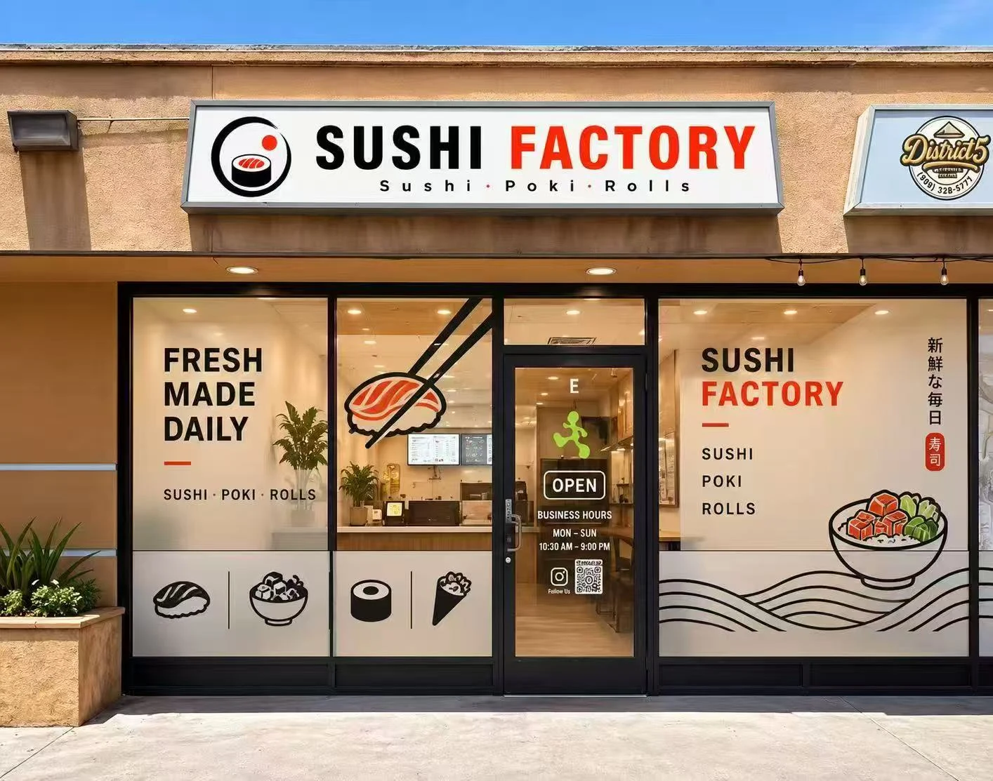 Sushi Factory storefront, Suite E on Rockfield Boulevard