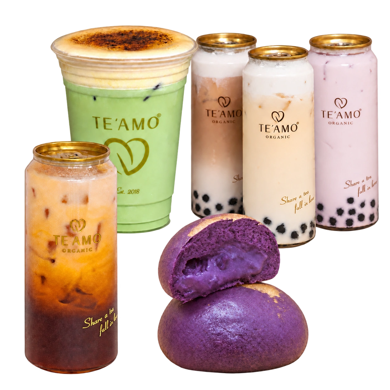 TE’AMO milk teas, brûlée matcha, orange layered tea and ube cheesecake bao in a layered product arrangement