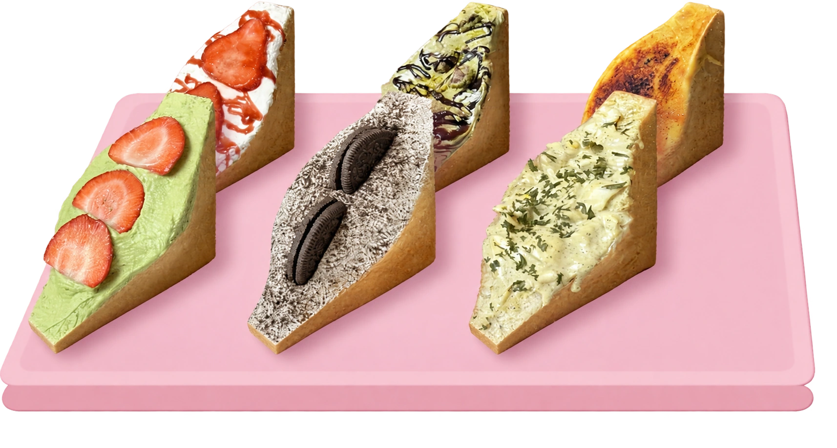 Six TE’AMO Japanese sandos standing on a pink tray: matcha strawberry, Oreo, egg salad, strawberry cream, pistachio chocolate and crème brûlée
